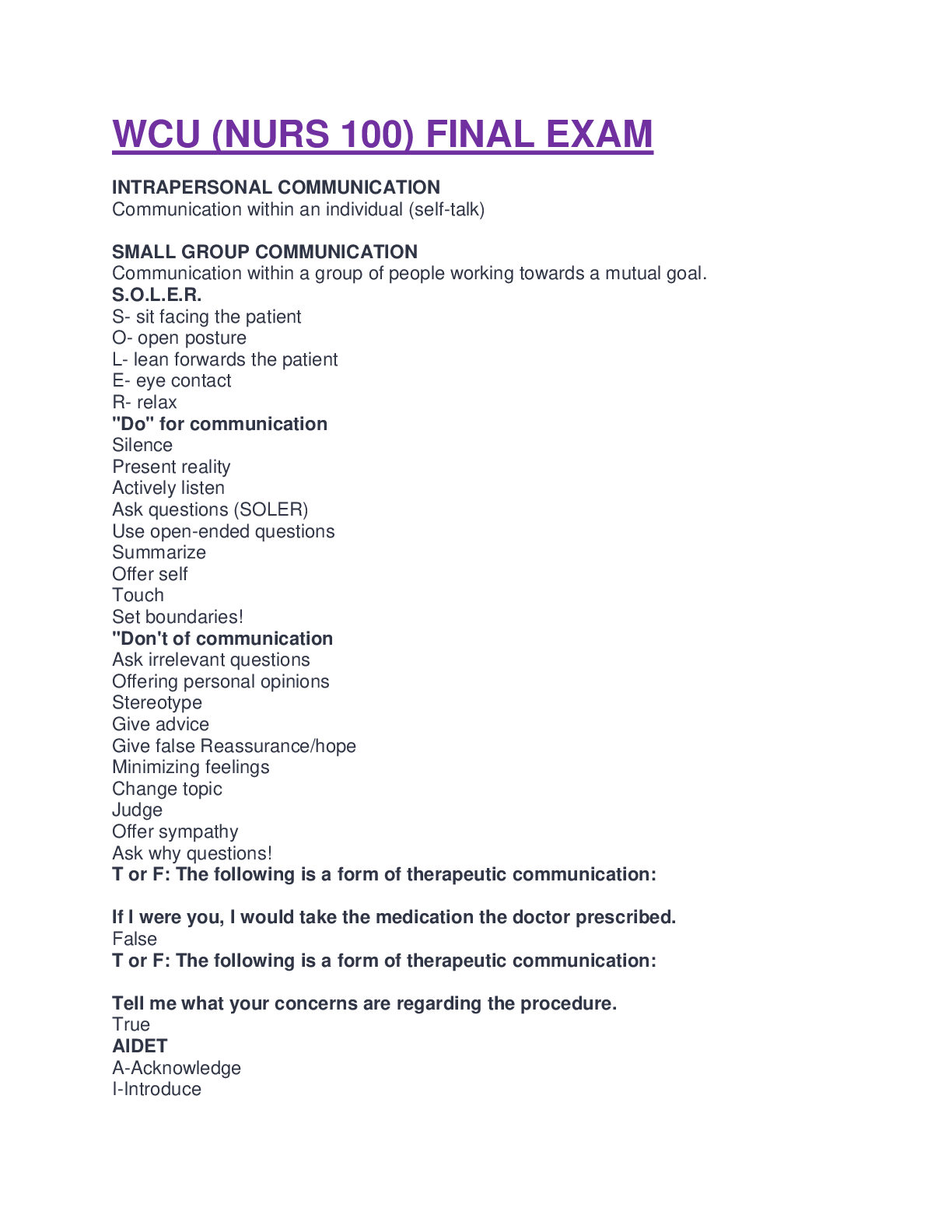 Preview of WCU (NURS 100) FINAL EXAM QUESTIONS AND 100% CORRECT ANSWER.